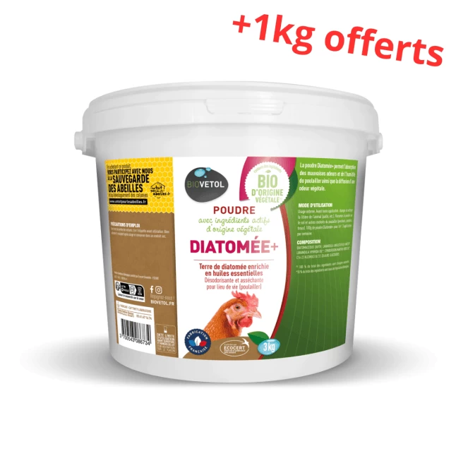 Terre De Diatomée Pour Poule Enrichie En Huiles Essentielles Diatomée+ 3KG + 1KG Offert - Biovetol 3 Terre De Diatomée Pour Poule Enrichie En Huiles Essentielles Diatomée+ 3KG + 1KG Offert - Biovetol